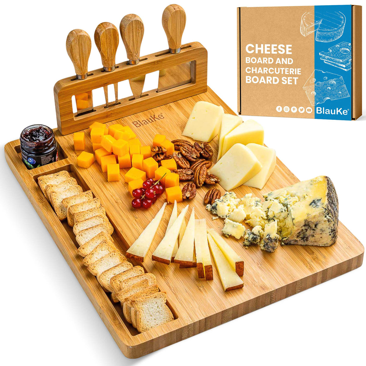 Bamboo Cheese Board and Knife Set - 14x11 inch Charcuterie Board with 4 Cheese Knives - Wood Serving Tray-0