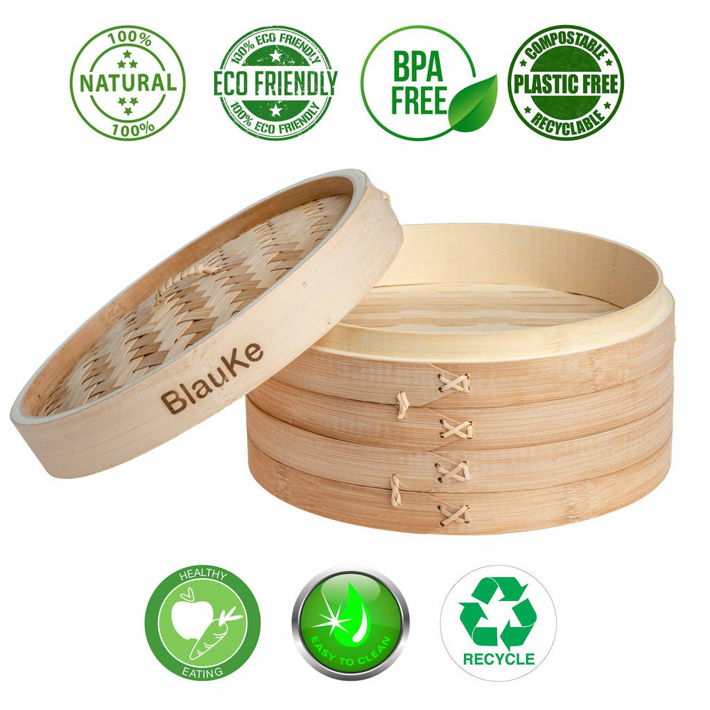 2-Tier Bamboo Steamer for Cooking Dumplings, Vegetables, Meat, Fish, Rice - Bamboo Steamer Basket 10 Inch with 2 Pairs Chopsticks, Tongs and 50 Paper Liners-2