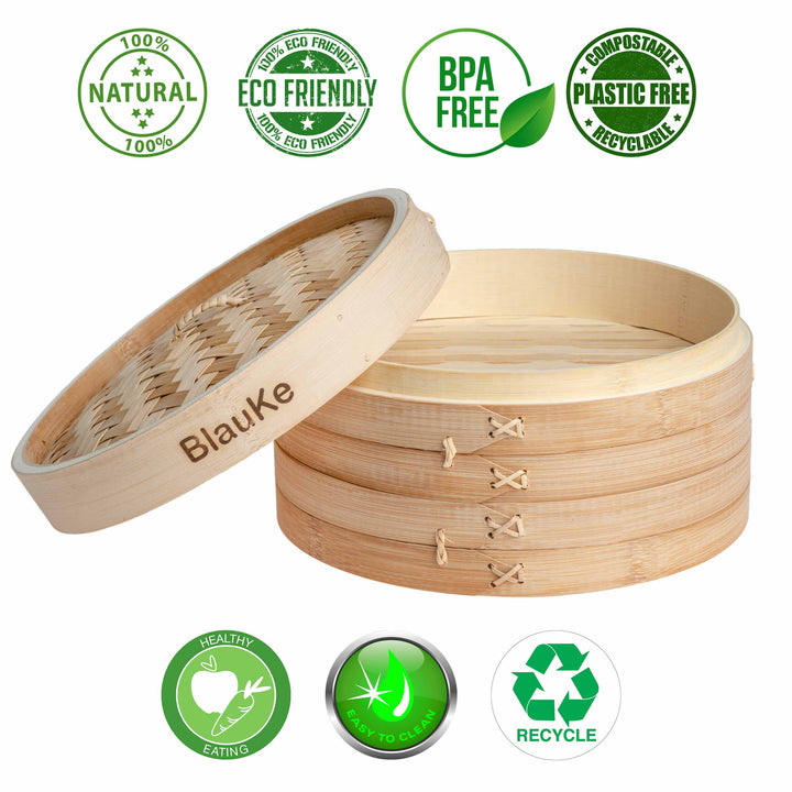 2-Tier Bamboo Steamer for Cooking Dumplings, Vegetables, Meat, Fish, Rice - Bamboo Steamer Basket 10 Inch with 2 Pairs Chopsticks, Tongs and 50 Paper Liners-2
