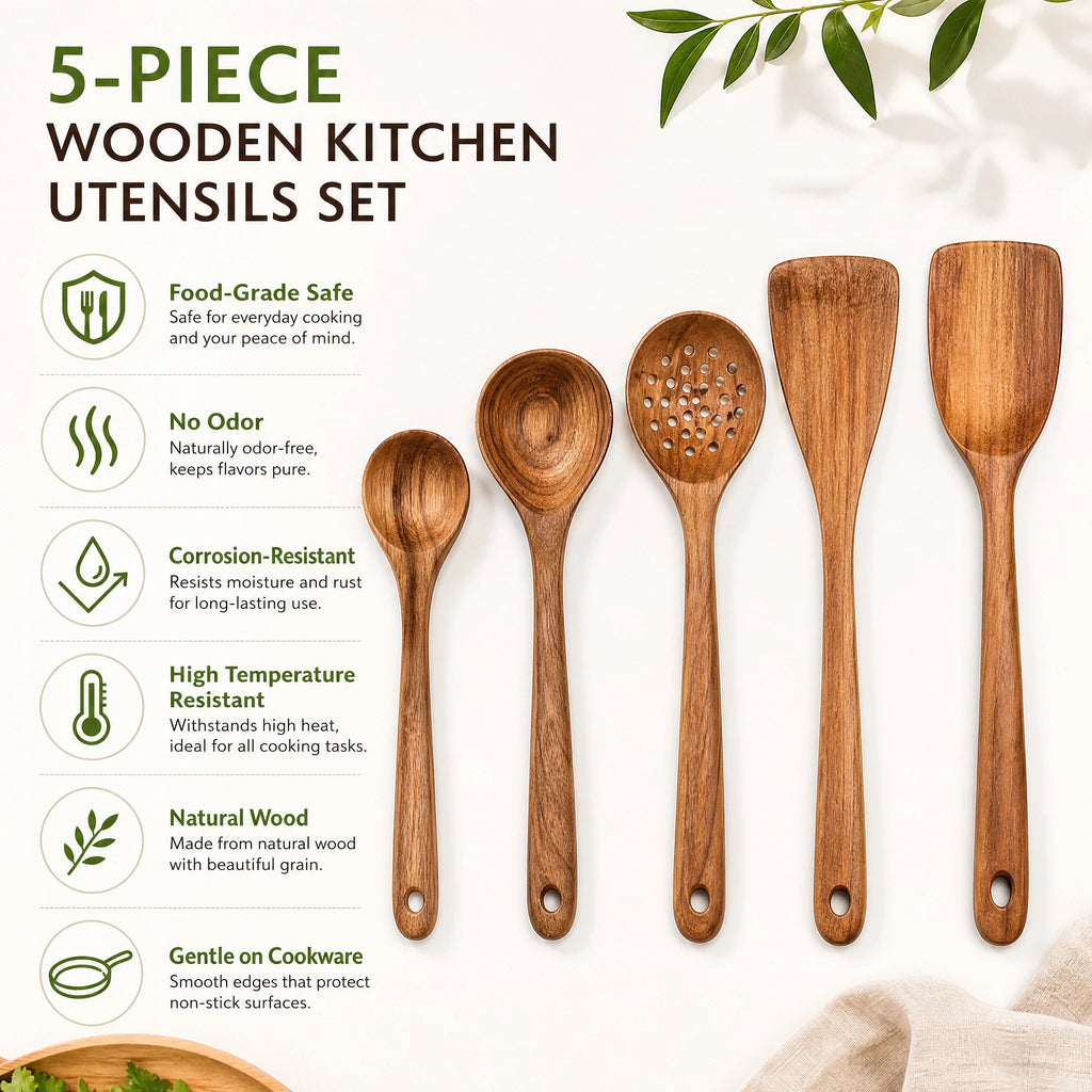 Wood Kitchen Utensil Set — 5 Pieces with Holder