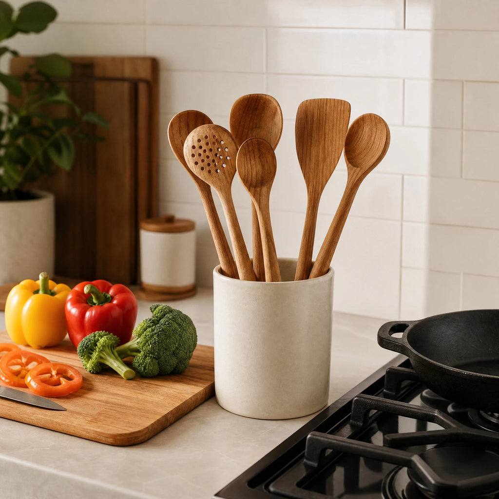 Wood Kitchen Utensil Set — 5 Pieces with Holder