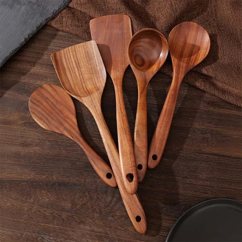 Wood Kitchen Utensil Set — 5 Pieces with Holder