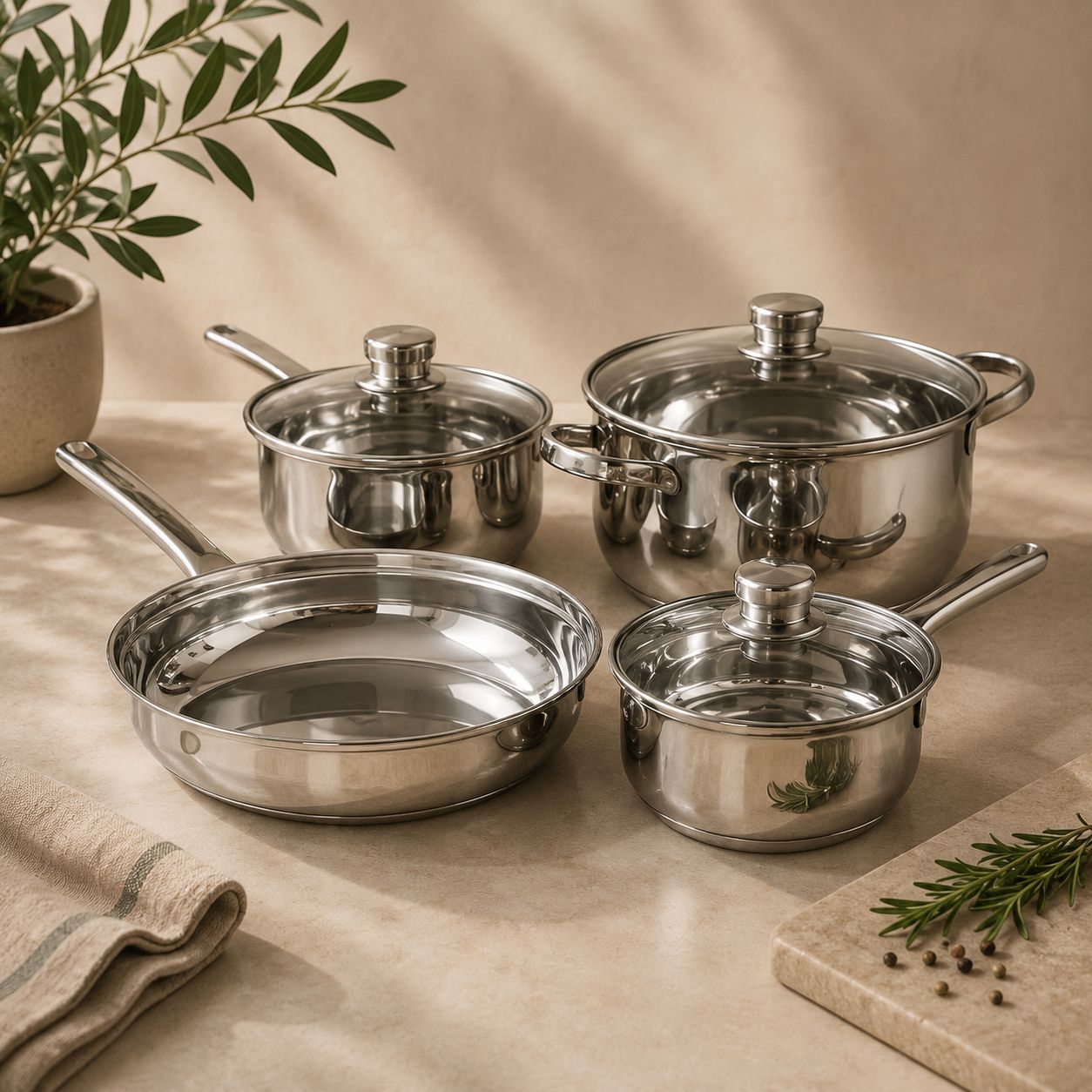 7-Piece Stainless Steel Cookware Set with Tempered Glass Lids