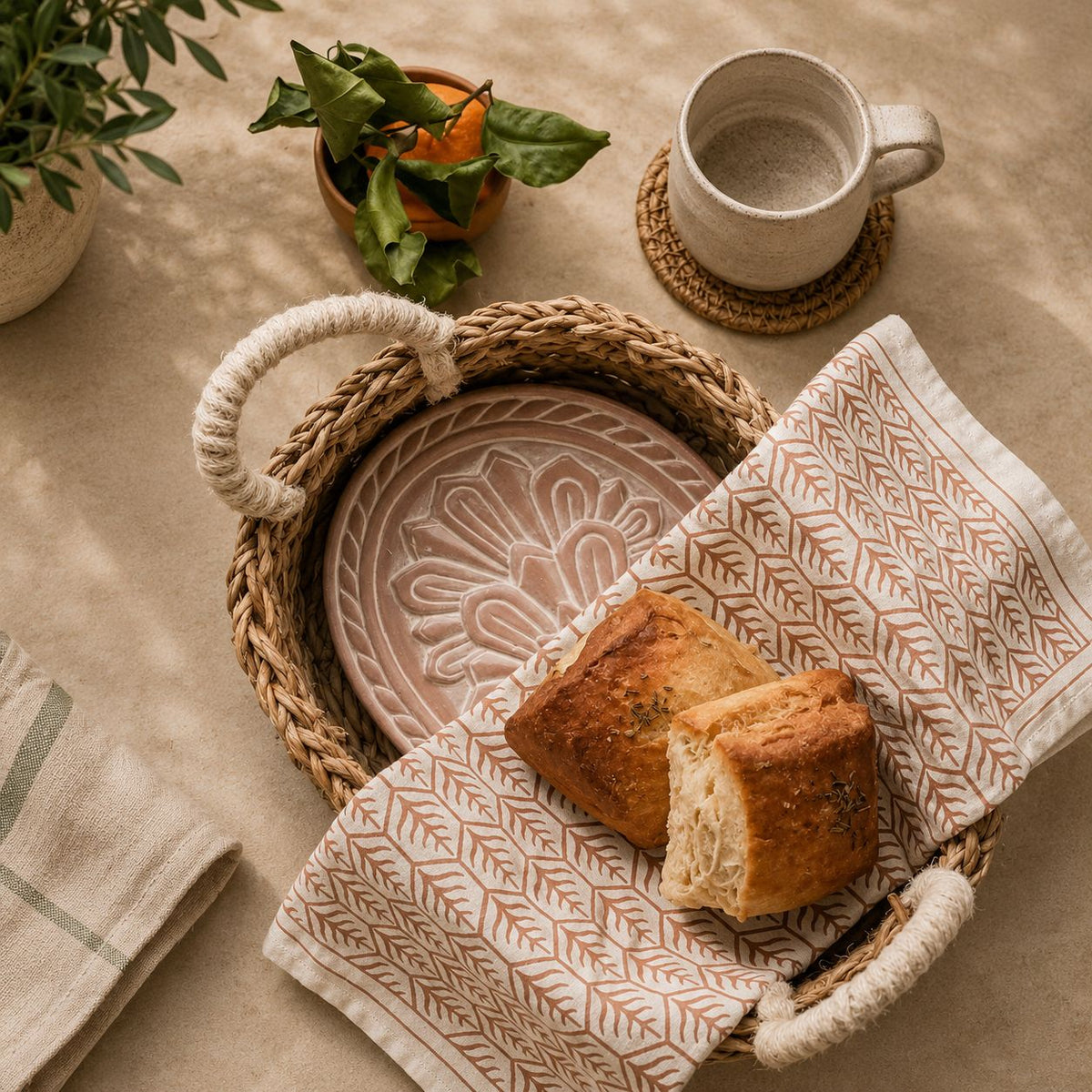 Bread Warmer & Basket Gift Set with Tea Towel - Flower
