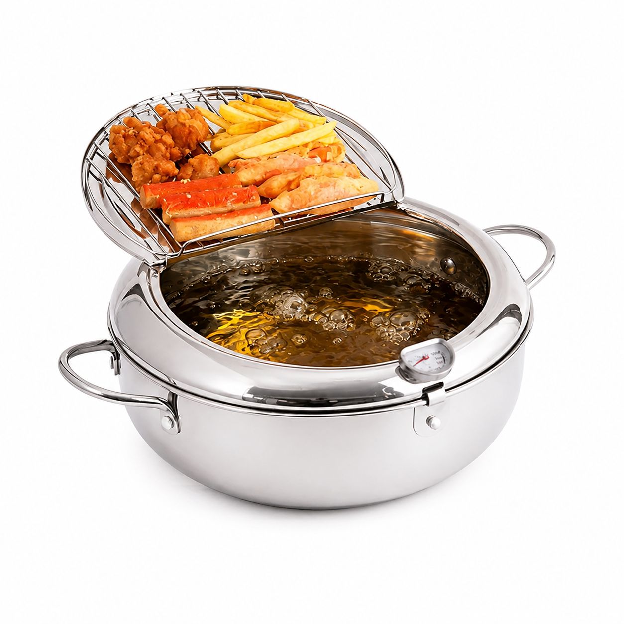 Tempura Deep Fryer with Thermometer - 304 Stainless Steel