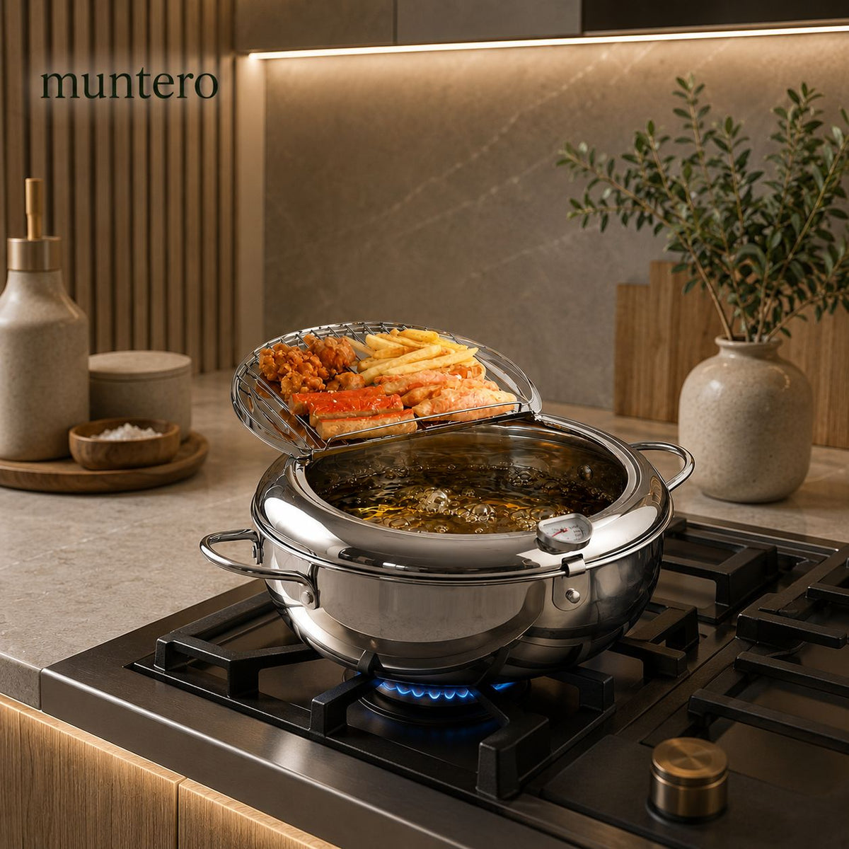 Tempura Deep Fryer with Thermometer - 304 Stainless Steel