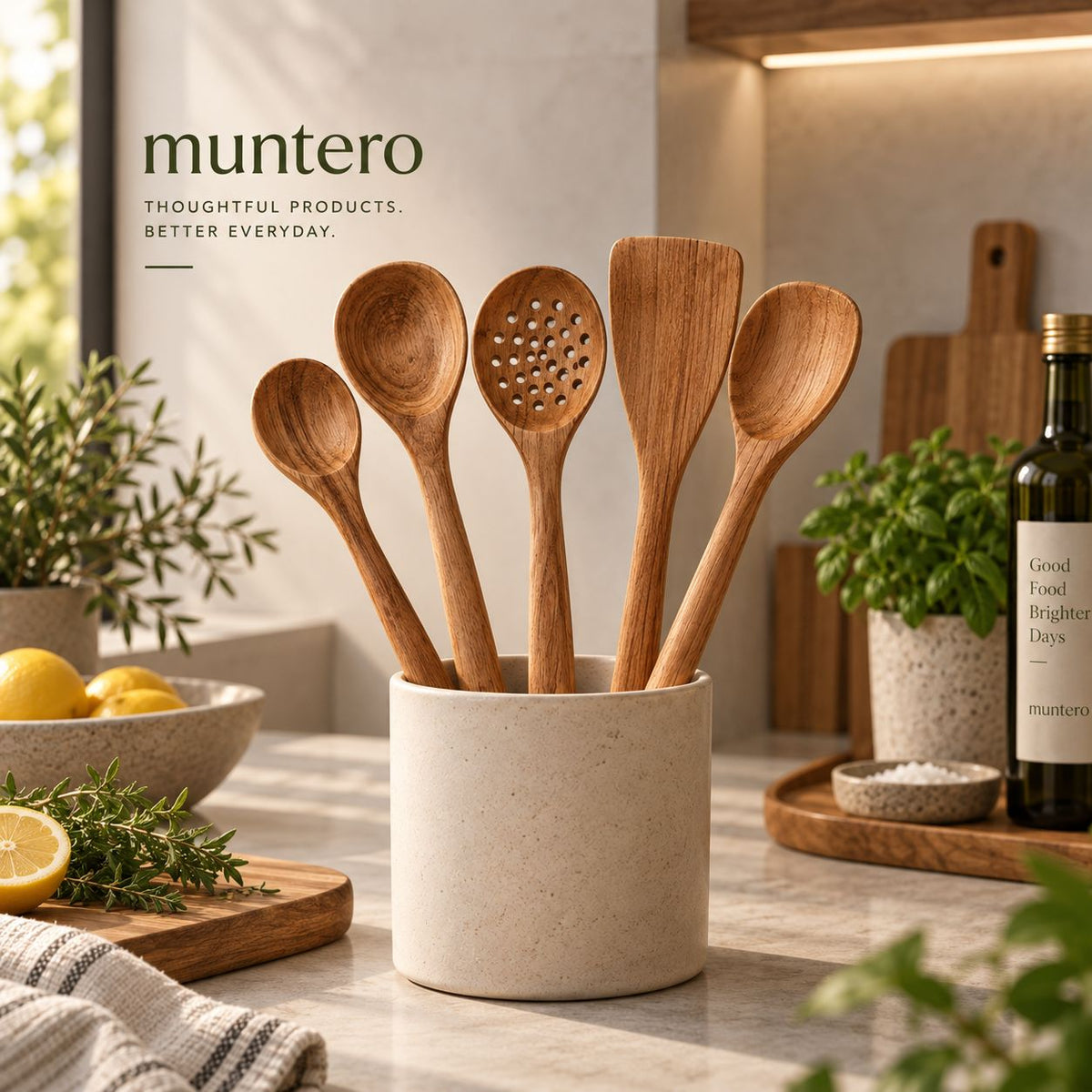 Wood Kitchen Utensil Set — 5 Pieces with Holder