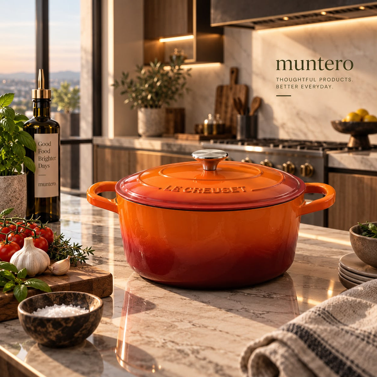 7-Quart Enameled Orange Sunburst Cast Iron Dutch Oven with Lid