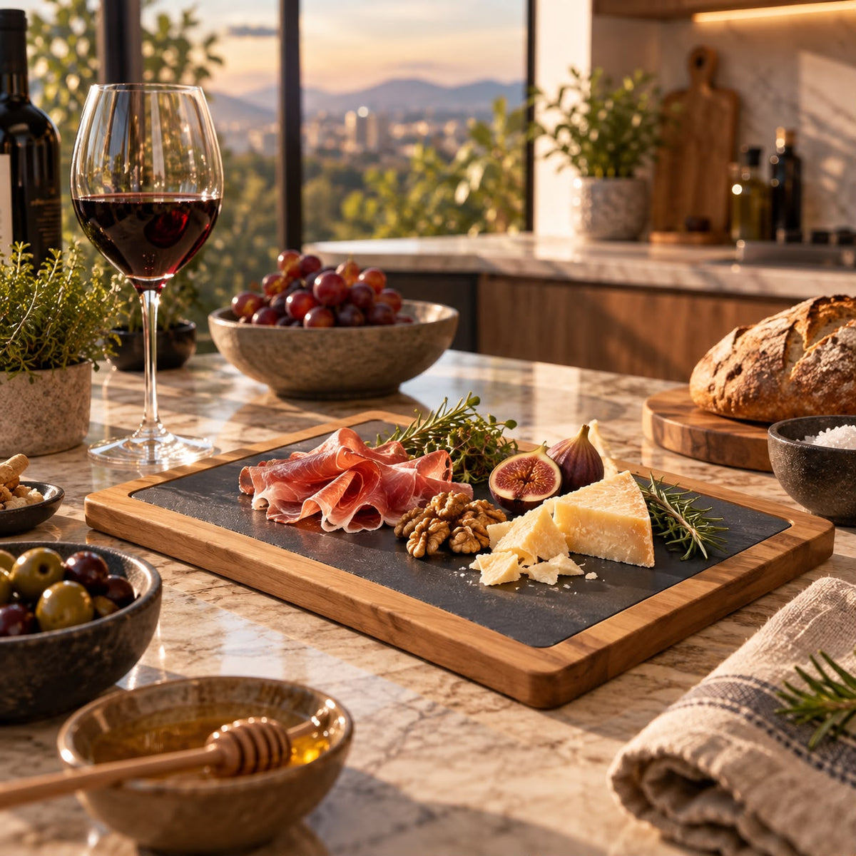 13x9 Acacia Wood & Slate Cutting Board – Handmade Charcuterie, Serving, and Engraving Board