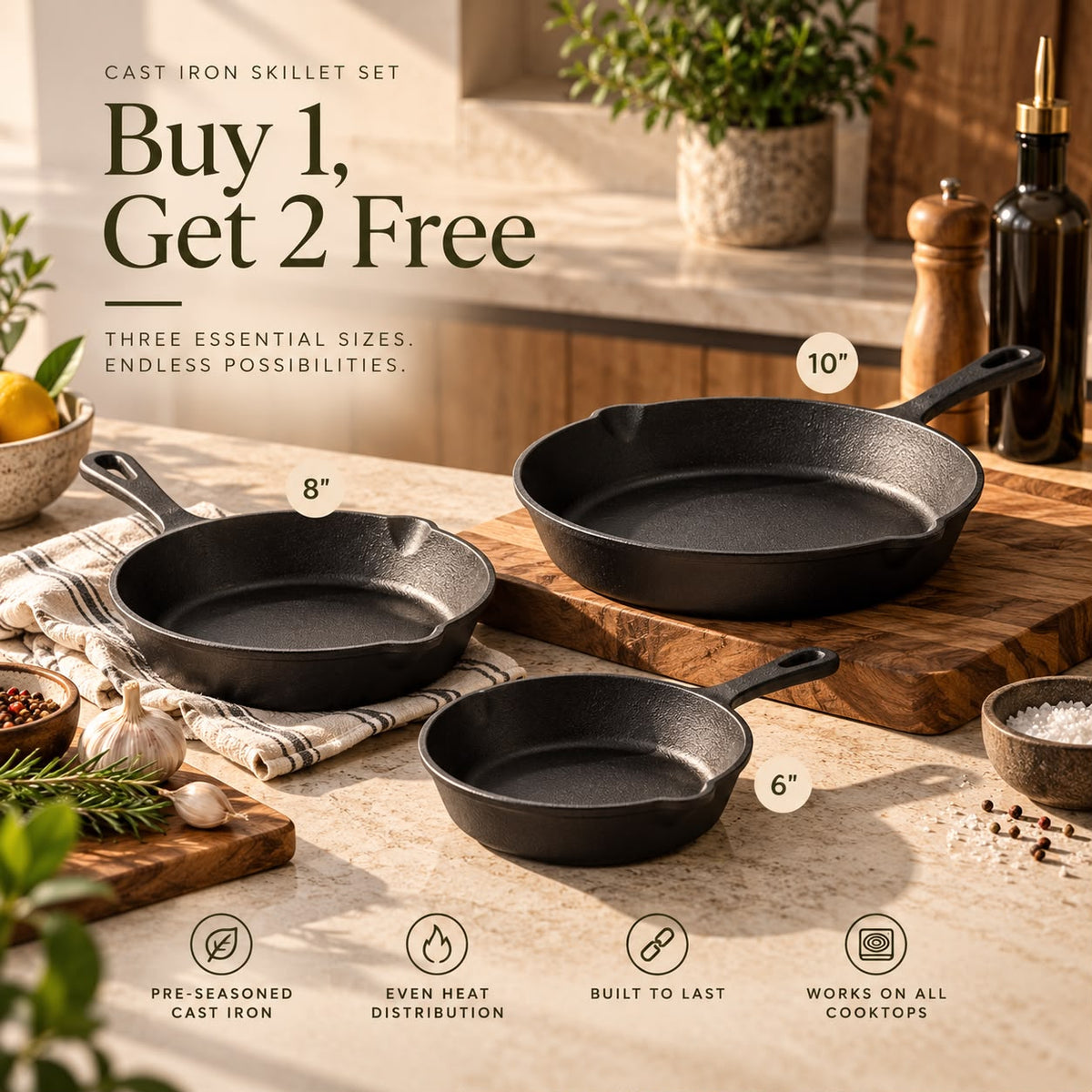 Pre-Seasoned Cast Iron Skillet Set — 3 Pieces