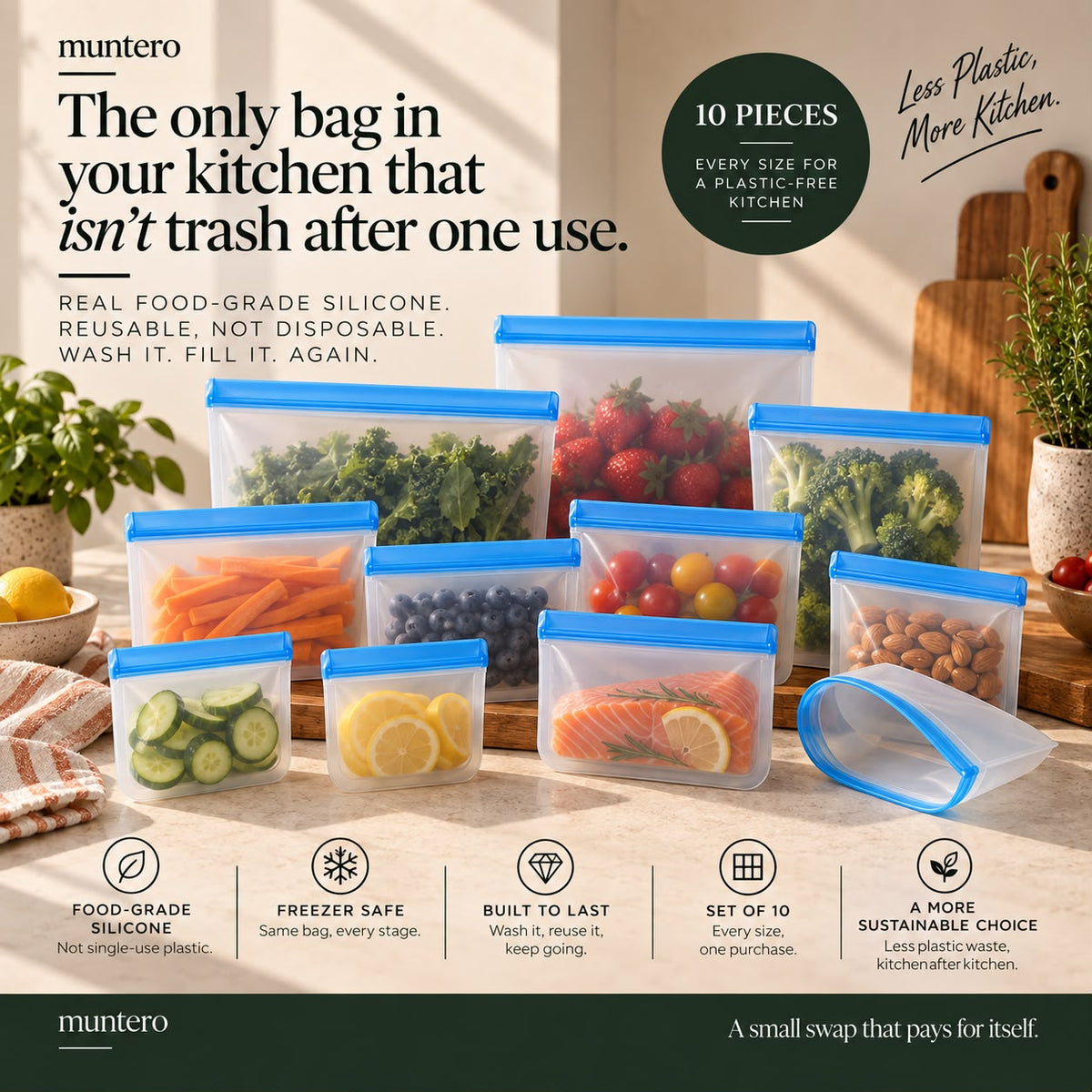 Reusable Silicone Food Storage Bags - Set of 10, Leakproof & Freezer Safe